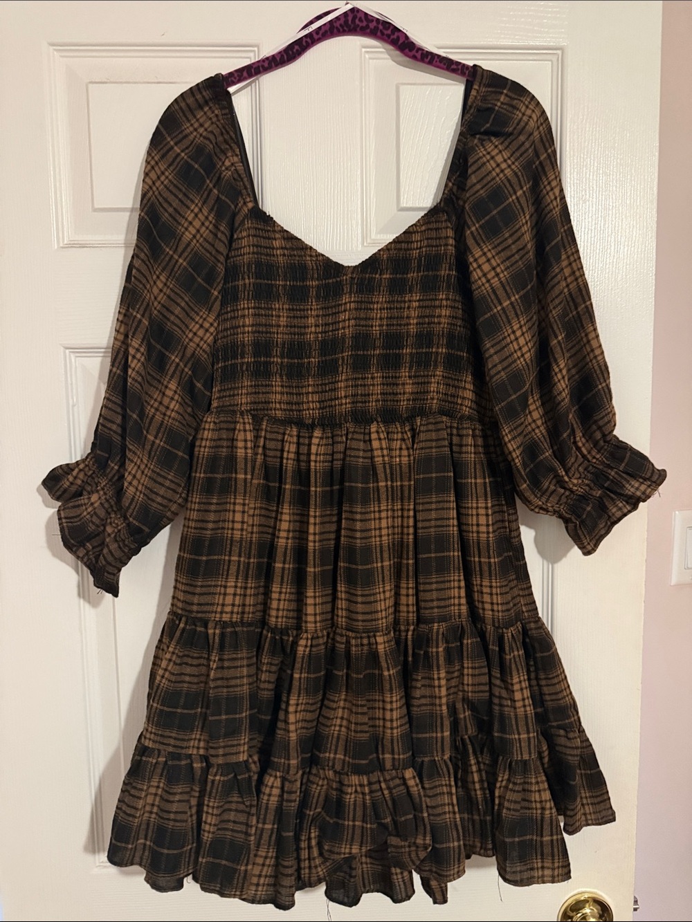 Plaid puff sleeve tiered mini dress - Picture 4 of 4